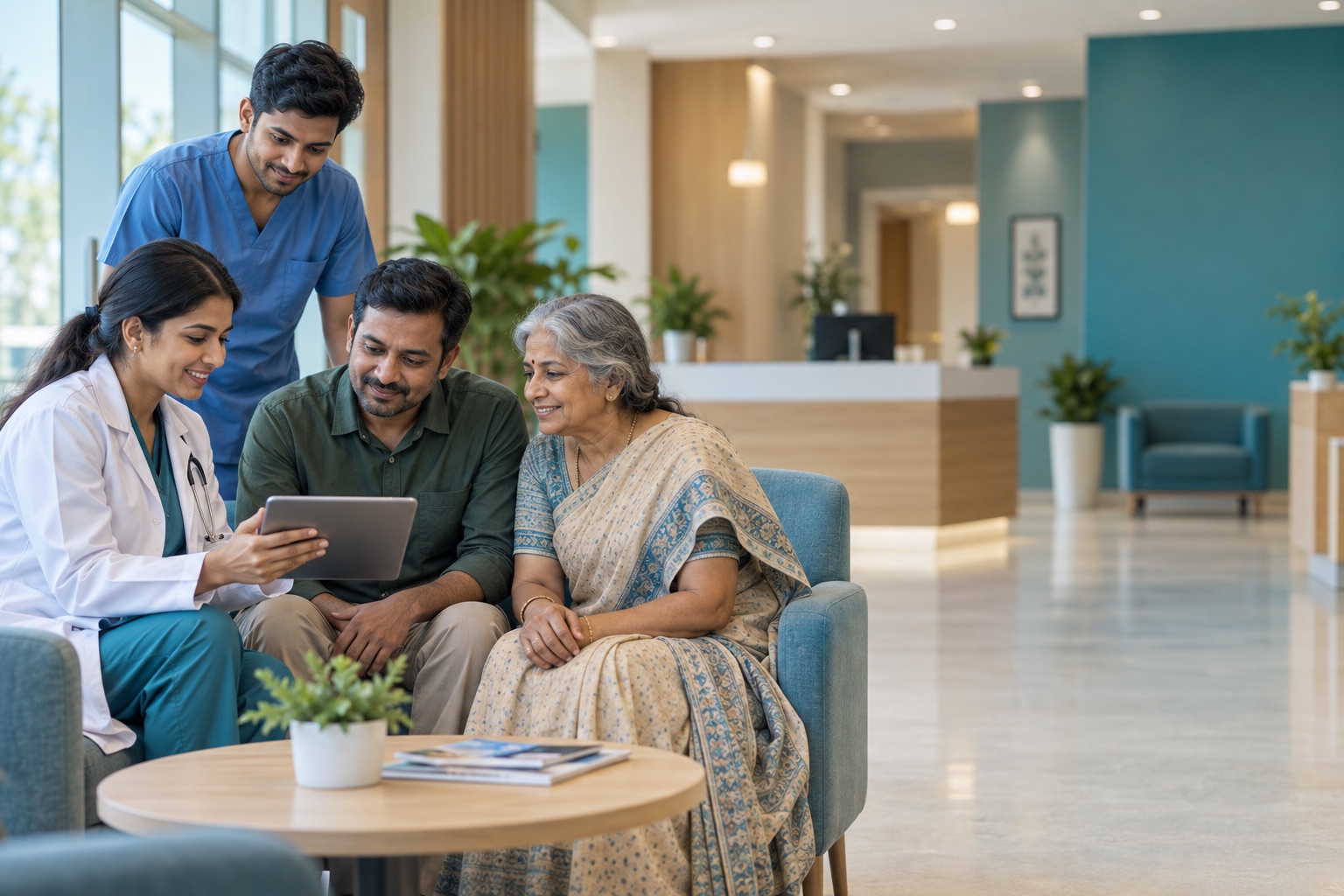 Eye-care team explaining care information to a patient and family member
